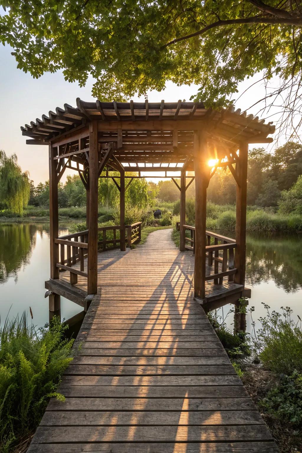 Transform your dock into a shaded retreat with a handcrafted pergola.