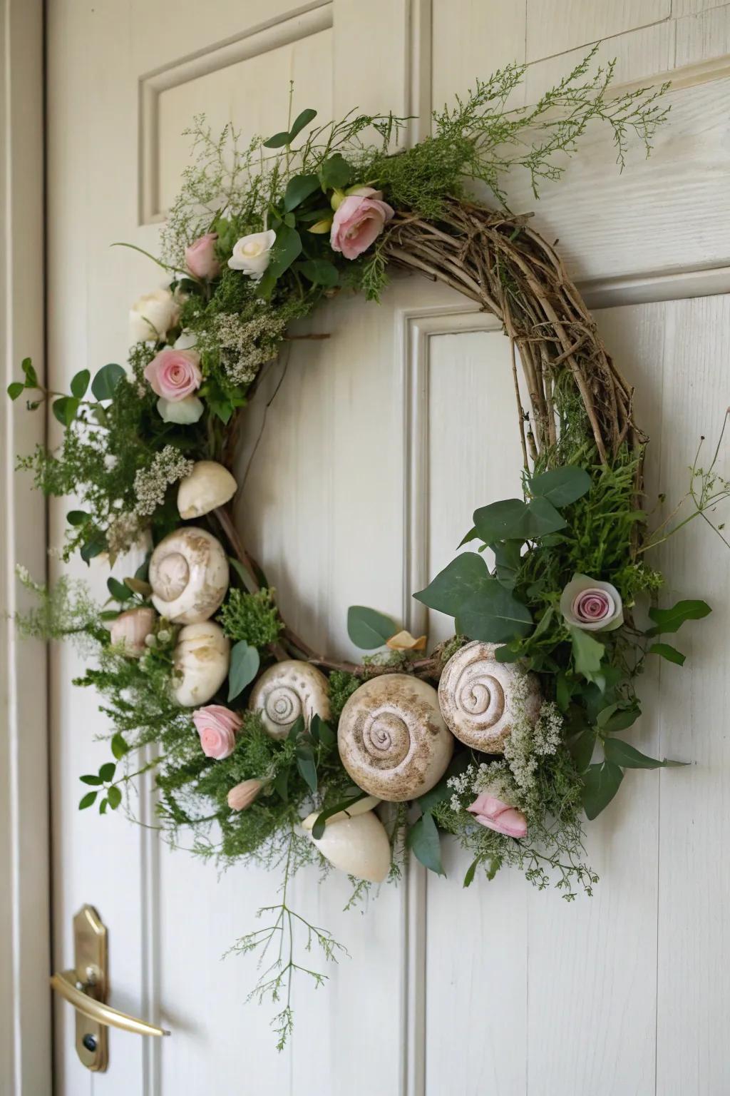 Elevate your entryway with this stunning snail shell wreath, where minimalist beauty meets natural elegance.