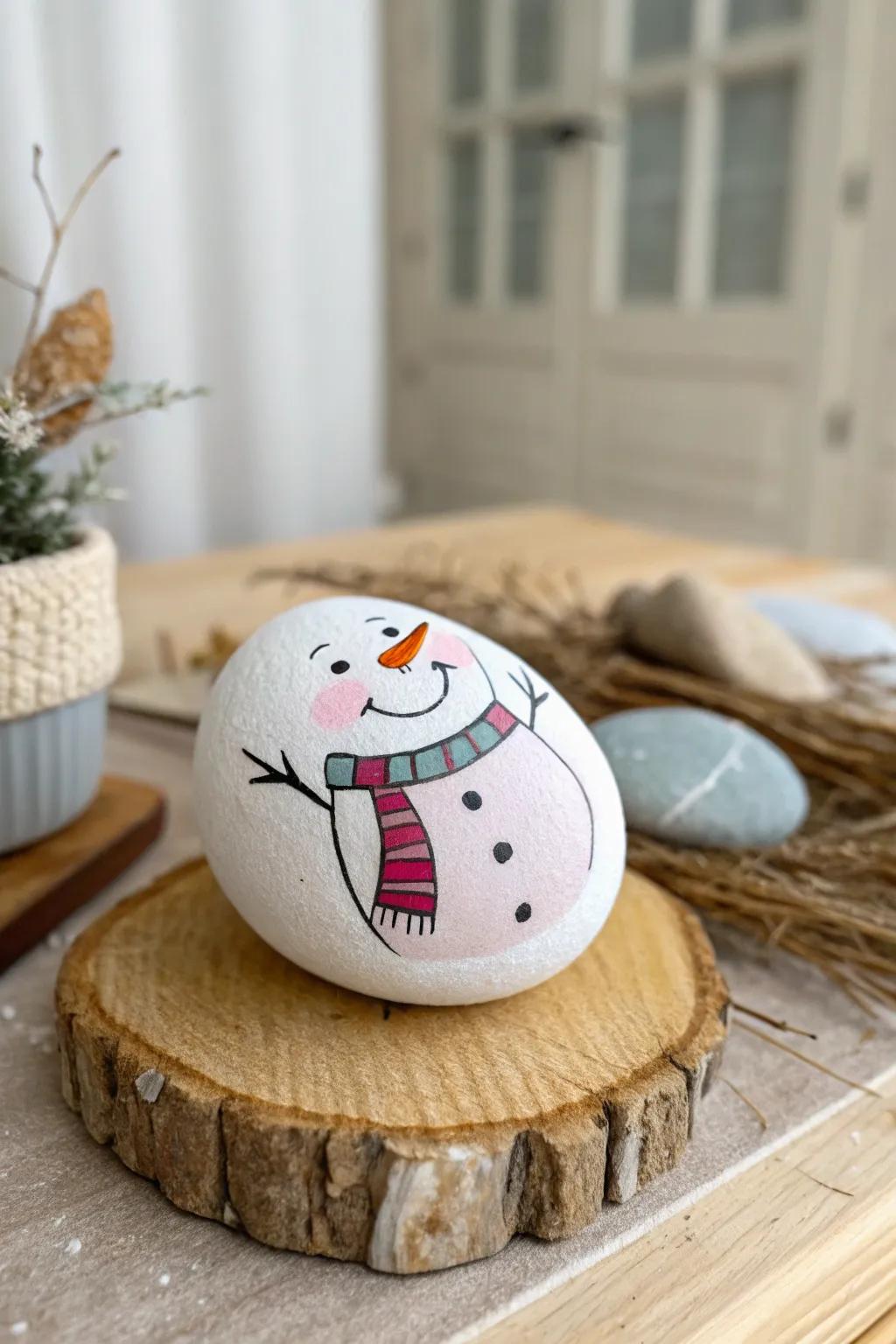 Add a touch of whimsy to your décor with this playful snowman rock!
