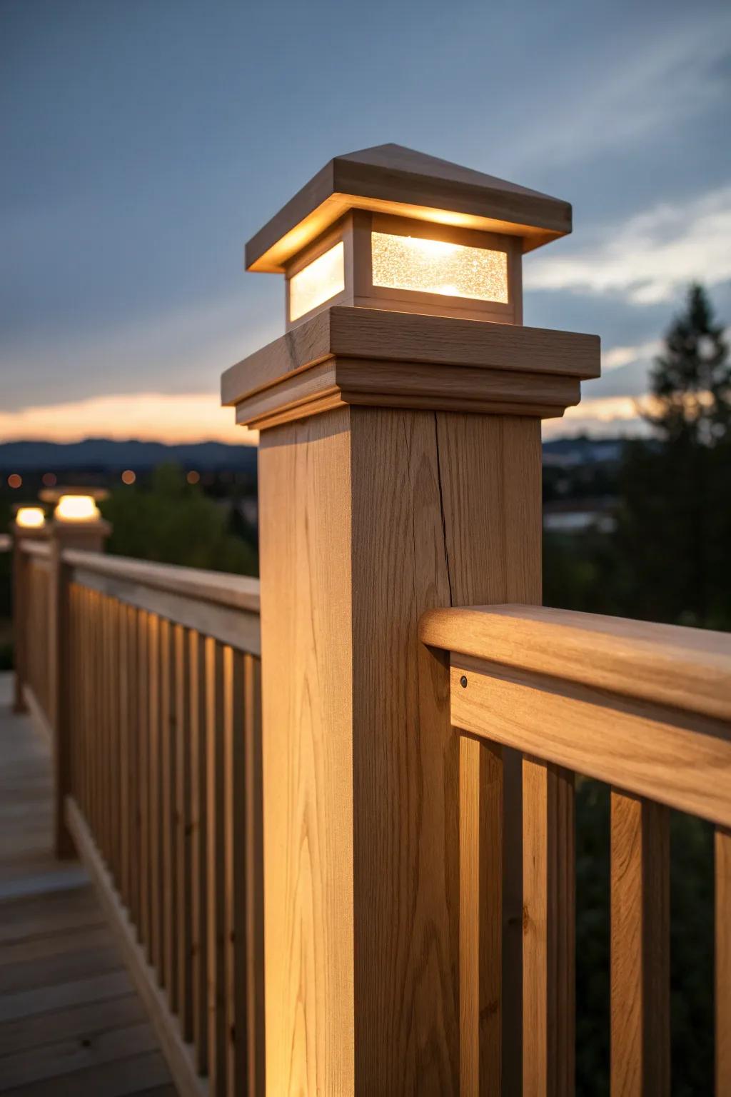 Illuminate your outdoor space with minimalist elegance: Deck rail solar caps for a warm and inviting glow.