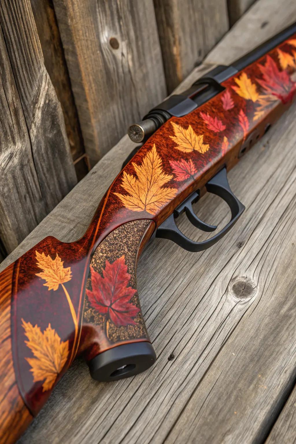 Embrace the essence of fall with this beautifully crafted autumn leaf motif rifle stock.