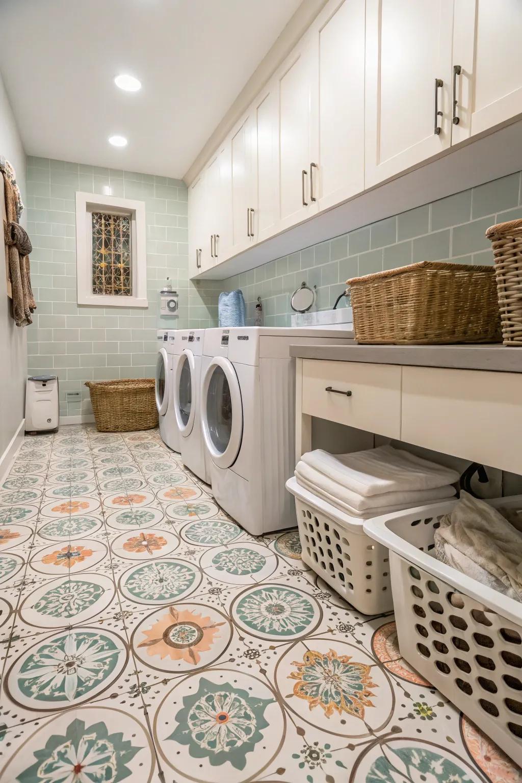 Patterned flooring adds flair and functionality to your laundry room.