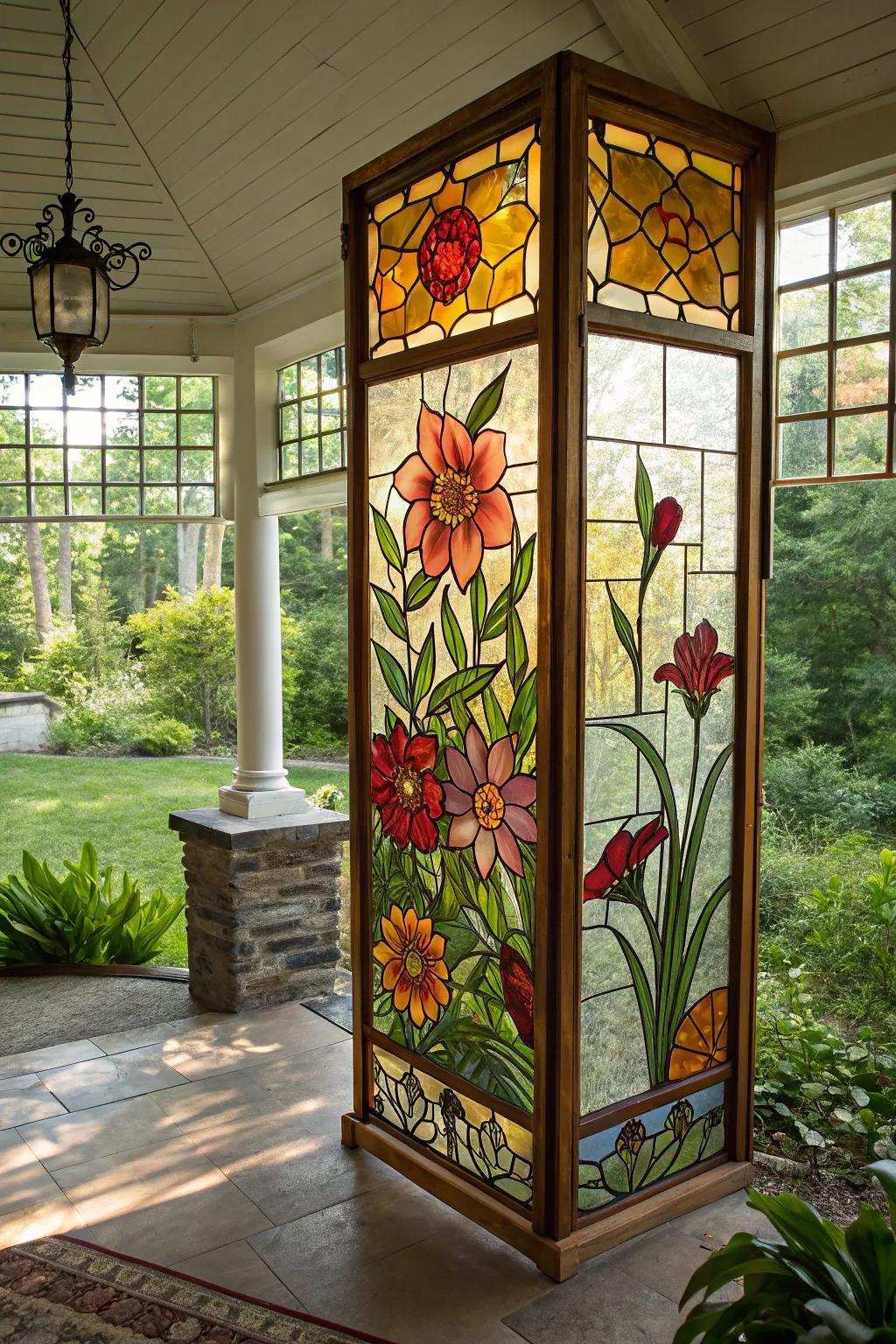 Floral stained glass art bringing nature indoors.