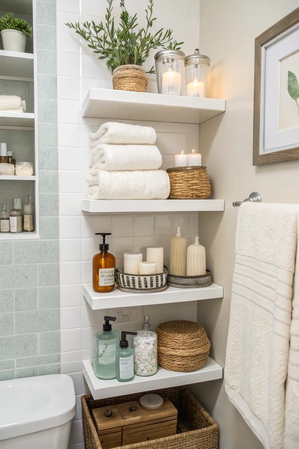 Bathroom shelves keep essentials organized and accessible.