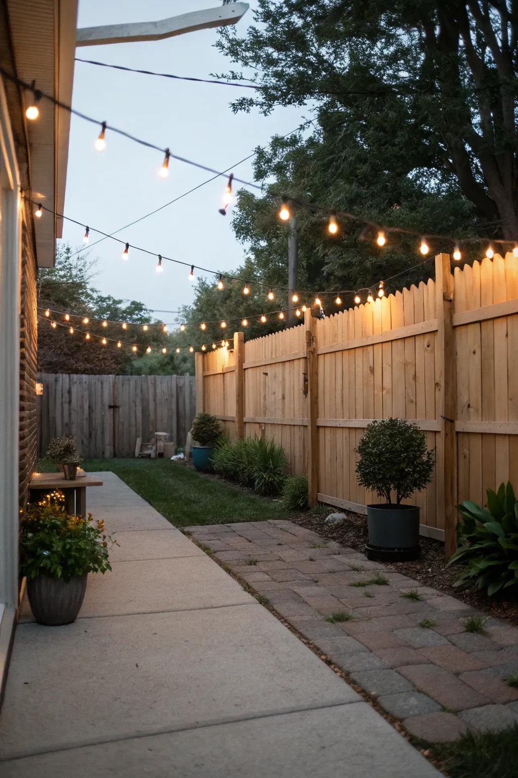 Embrace minimalism by draping string lights along your fence for a soft, ambient glow.