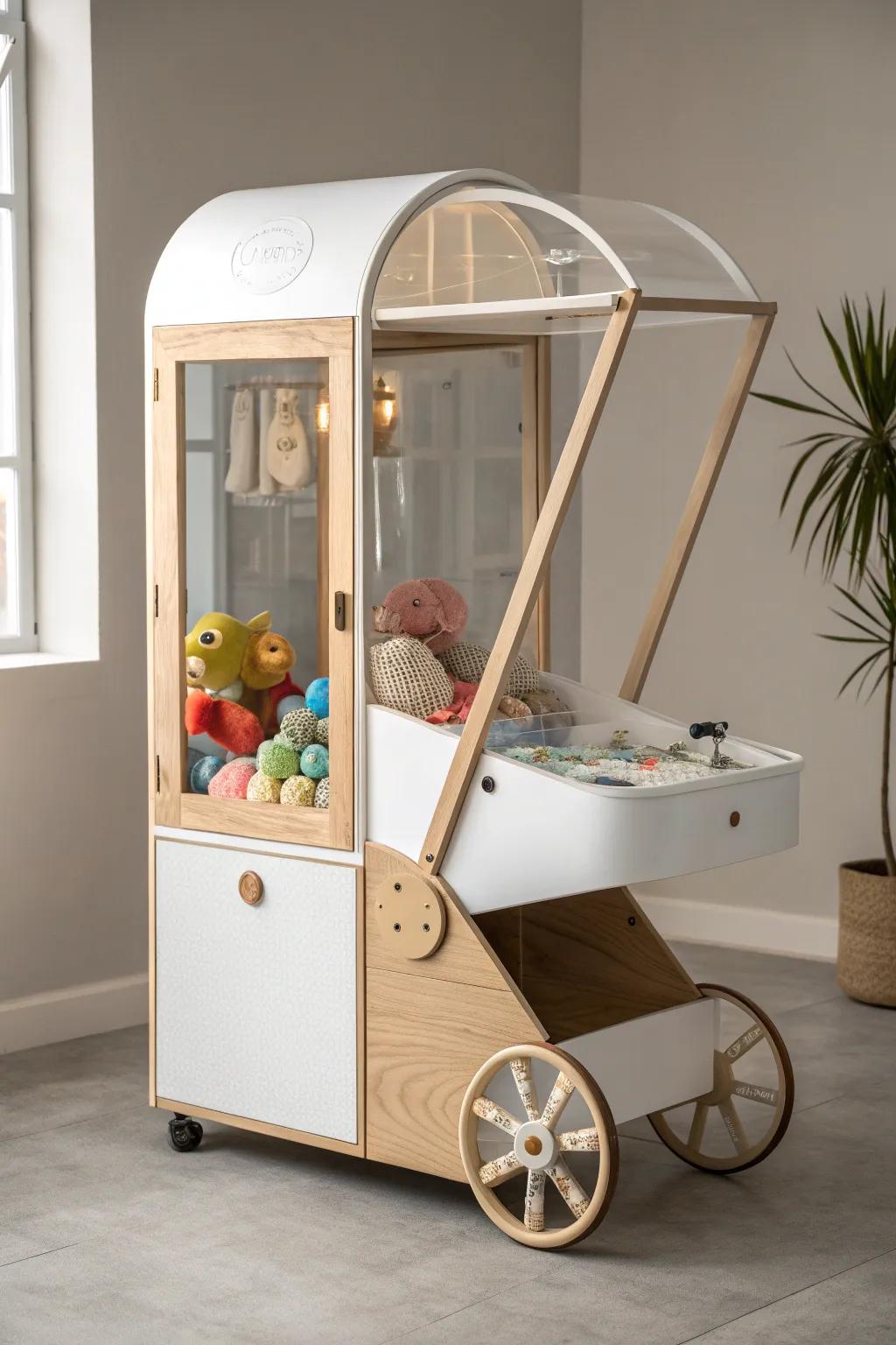 Turn heads with this charming claw machine stroller, where minimalism meets playful creativity.