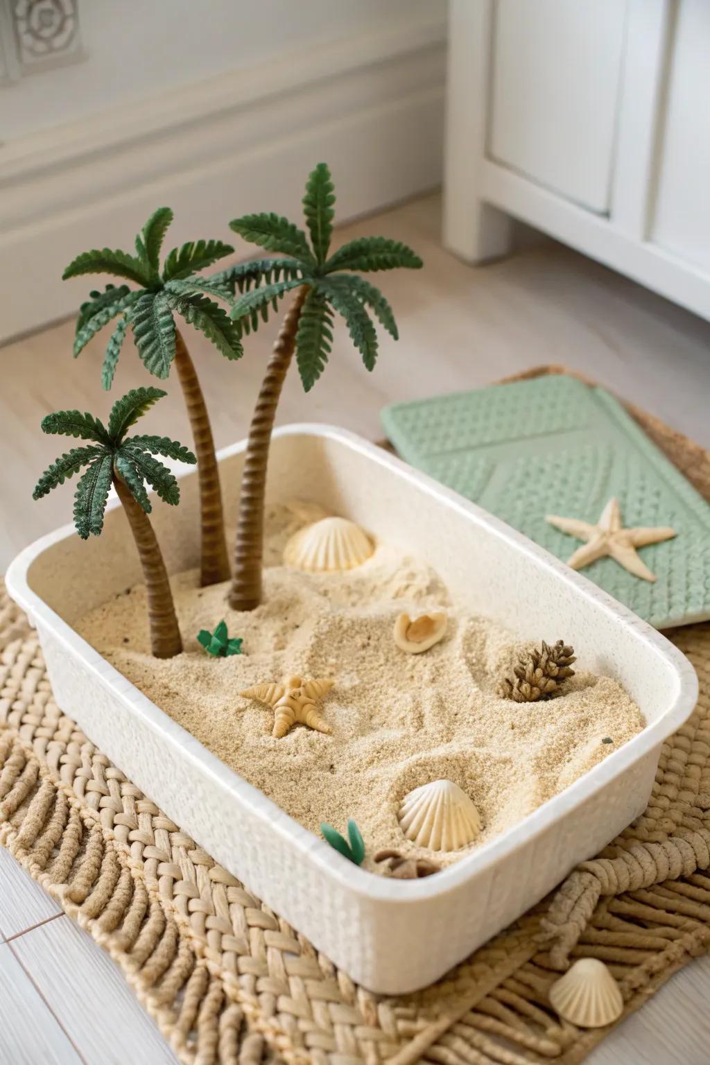 Escape to a miniature tropical paradise with this beautifully crafted sensory bin, perfect for sparking imagination and adventure right in your backyard.