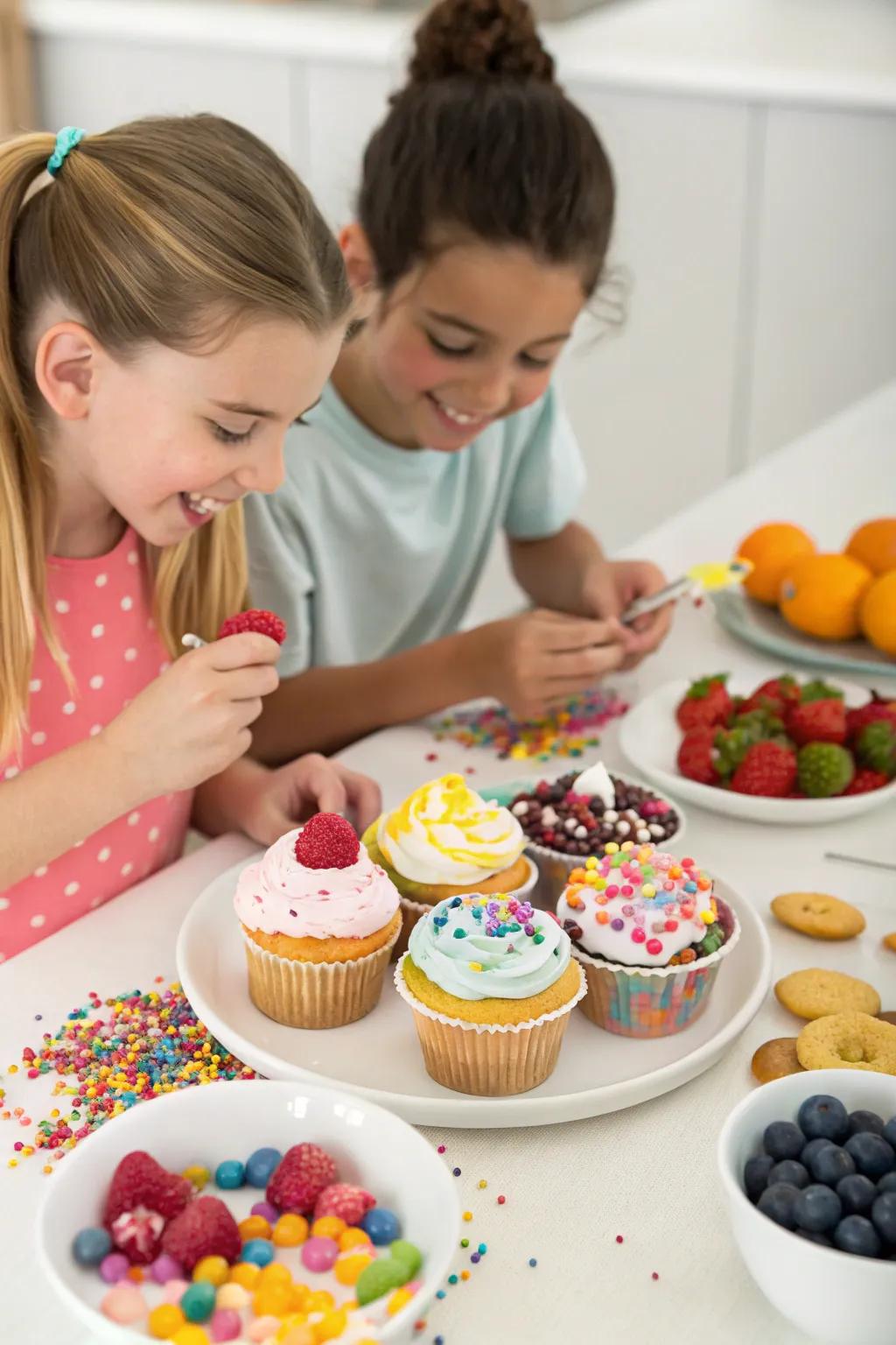 Let creativity soar with a colorful cupcake decorating station.