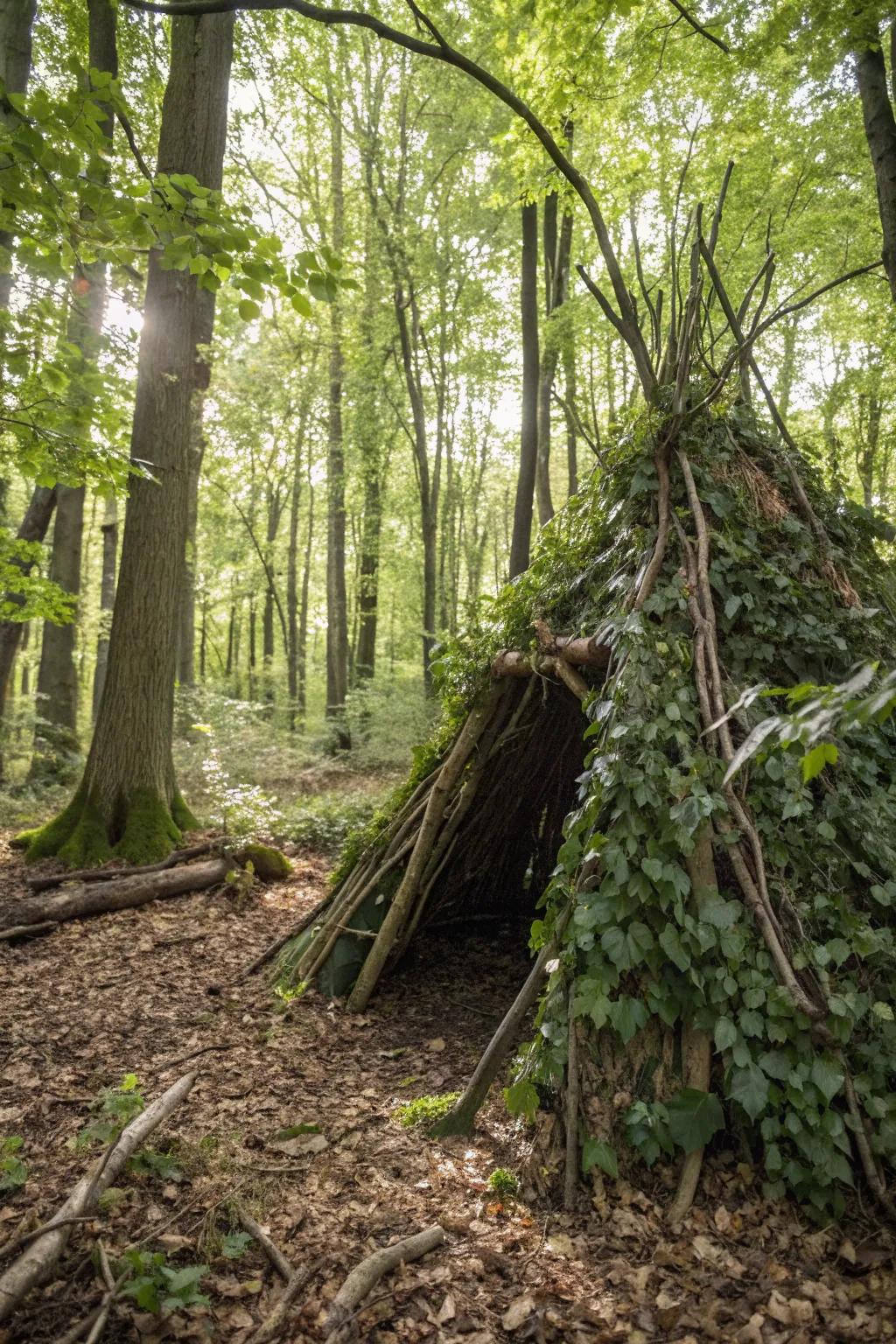 Master the art of blending in: Crafting a survival shelter with nature's own camouflage.