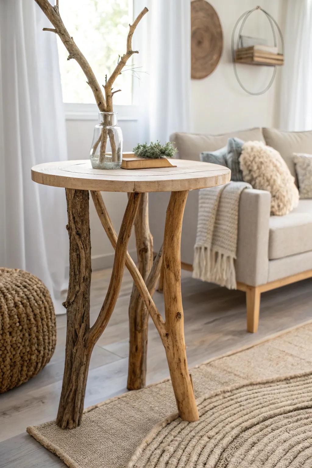 Bring the outdoors in with tree branch table legs for a charming, rustic touch.