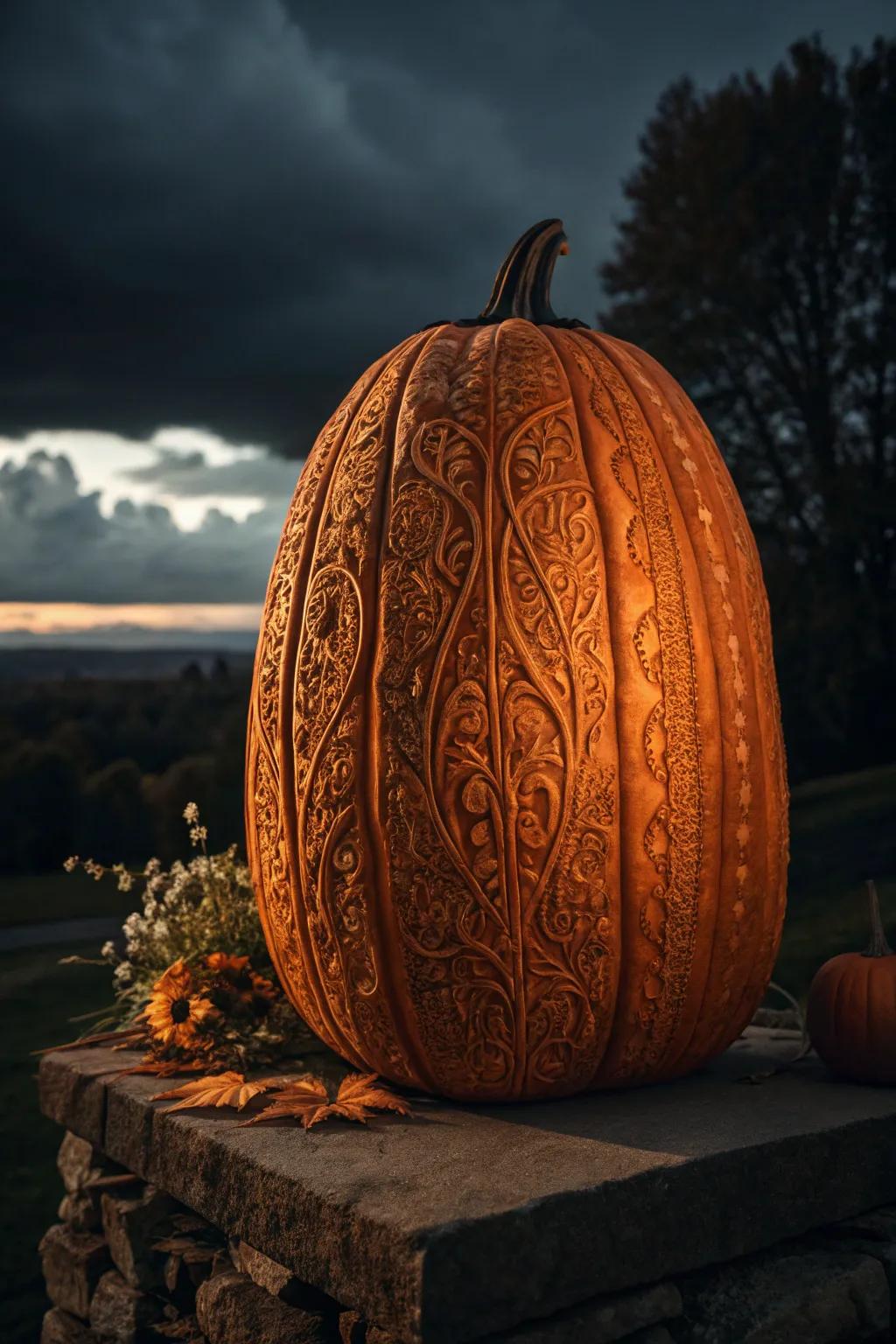 Behold the Majesty: A Tall Pumpkin, Elegantly Carved to Perfection.