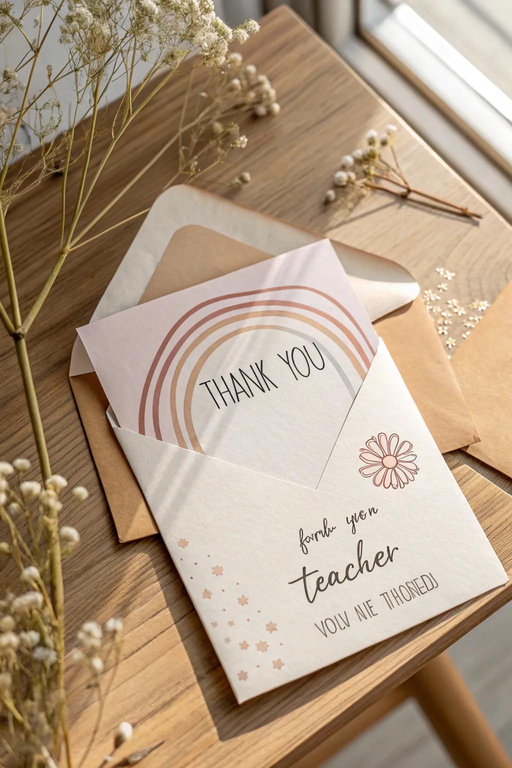 Unveil gratitude with a touch of surprise—handcrafted thank you card for teachers with a hidden message.