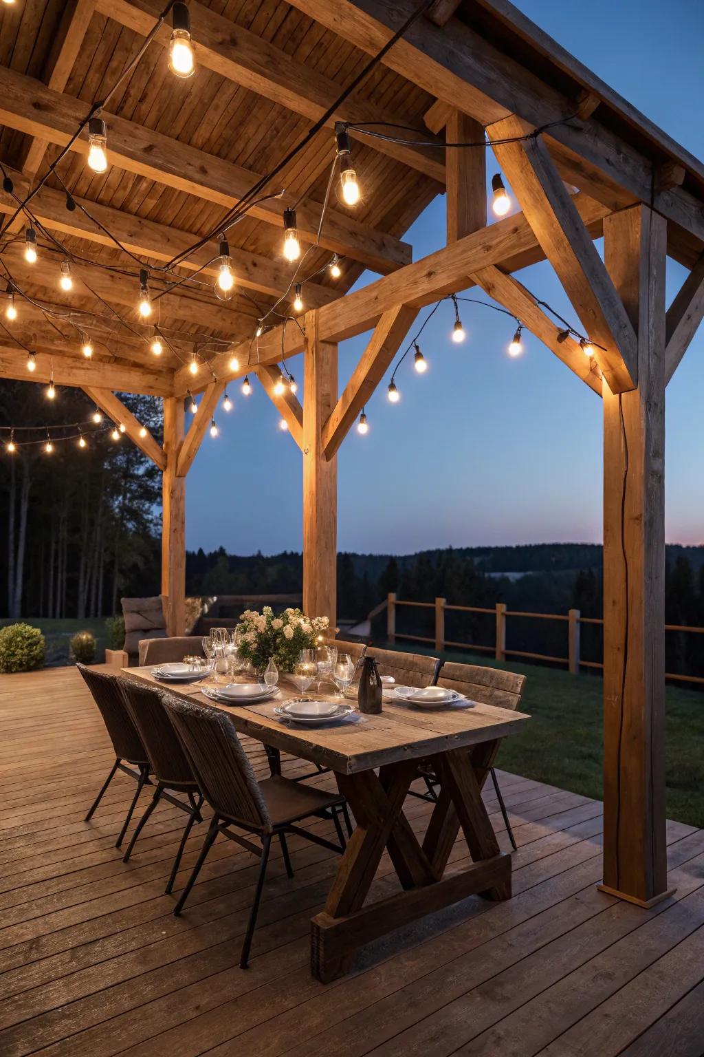 Dine under the stars in style with a beautifully crafted timber porch setting.