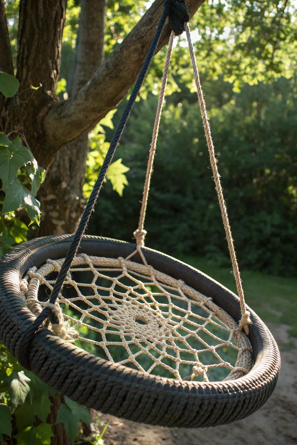 Craftsmanship meets play: Discover the art of webbed seat tire swings.