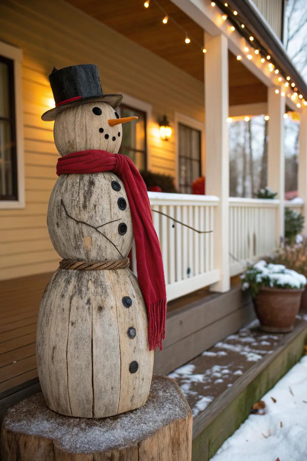 Bring rustic charm to your porch with a handcrafted tobacco stick snowman!