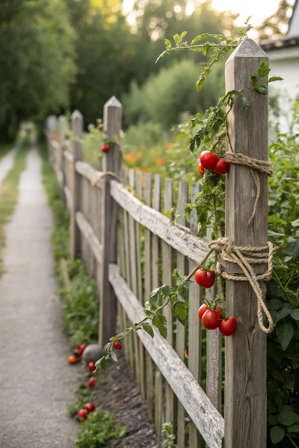 Elevate your garden's aesthetic with minimalist tomato support using a charming wooden fence.