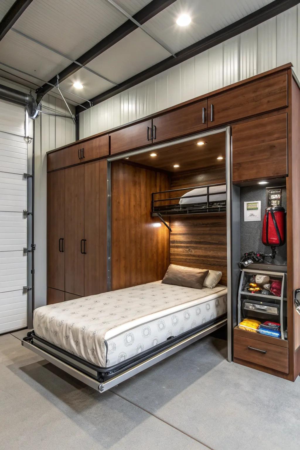 Transform your toy hauler garage into a cozy guest retreat with a stylish Murphy bed that blends craftsmanship with functionality.