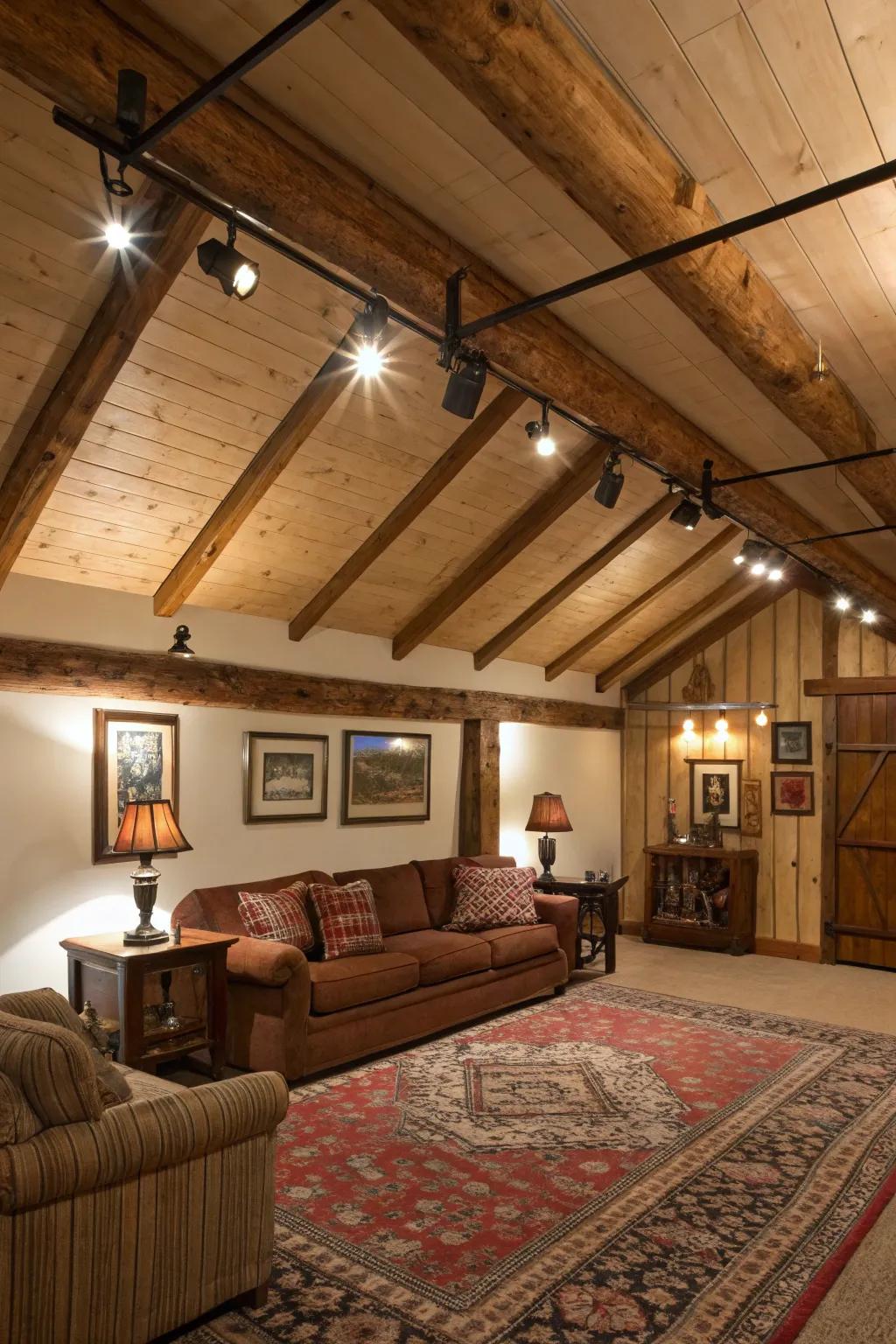 Track lighting blends beautifully with rustic decor elements for a cozy ambiance.