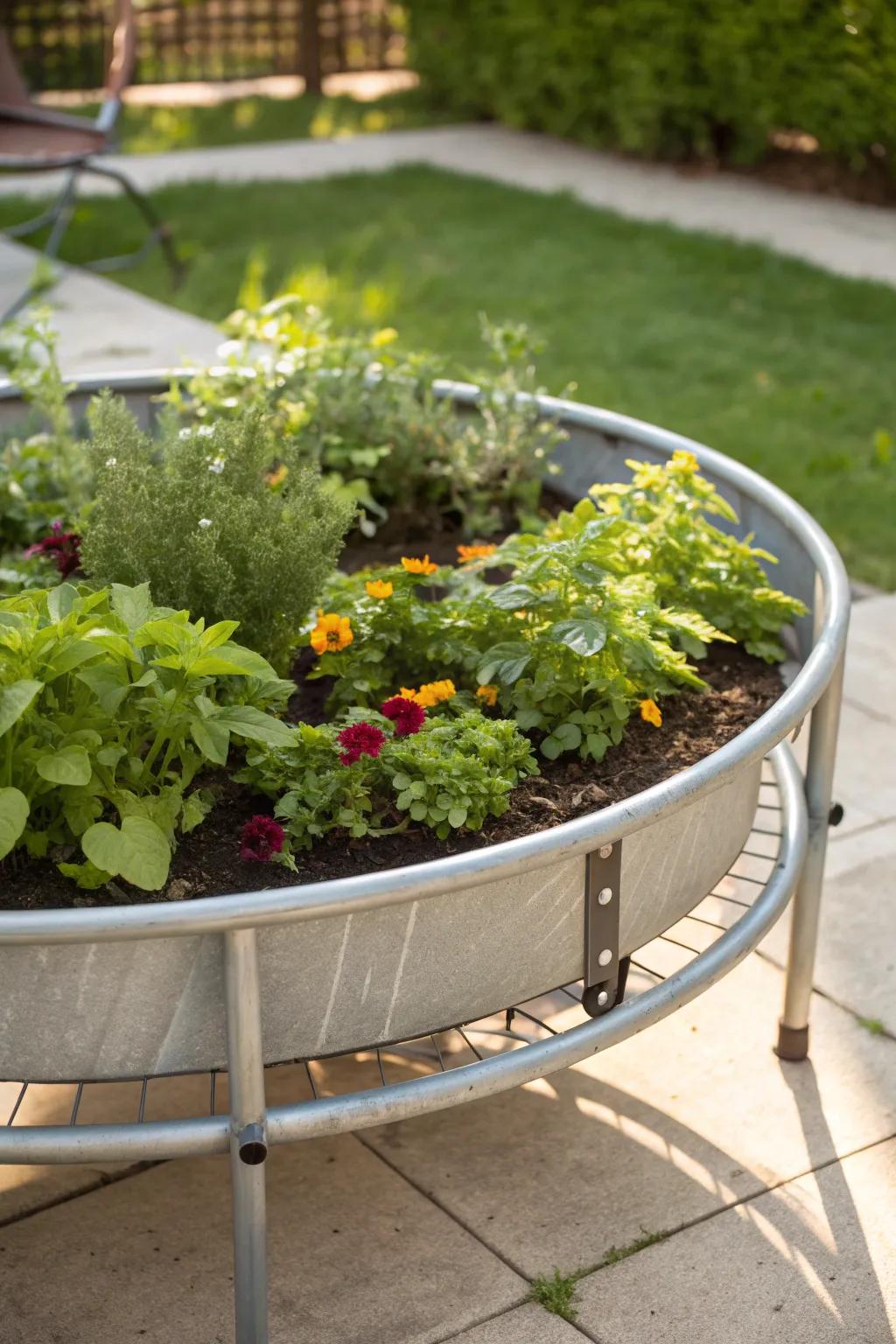 Craftsmanship meets creativity: A trampoline frame turned into a stunning raised garden bed.