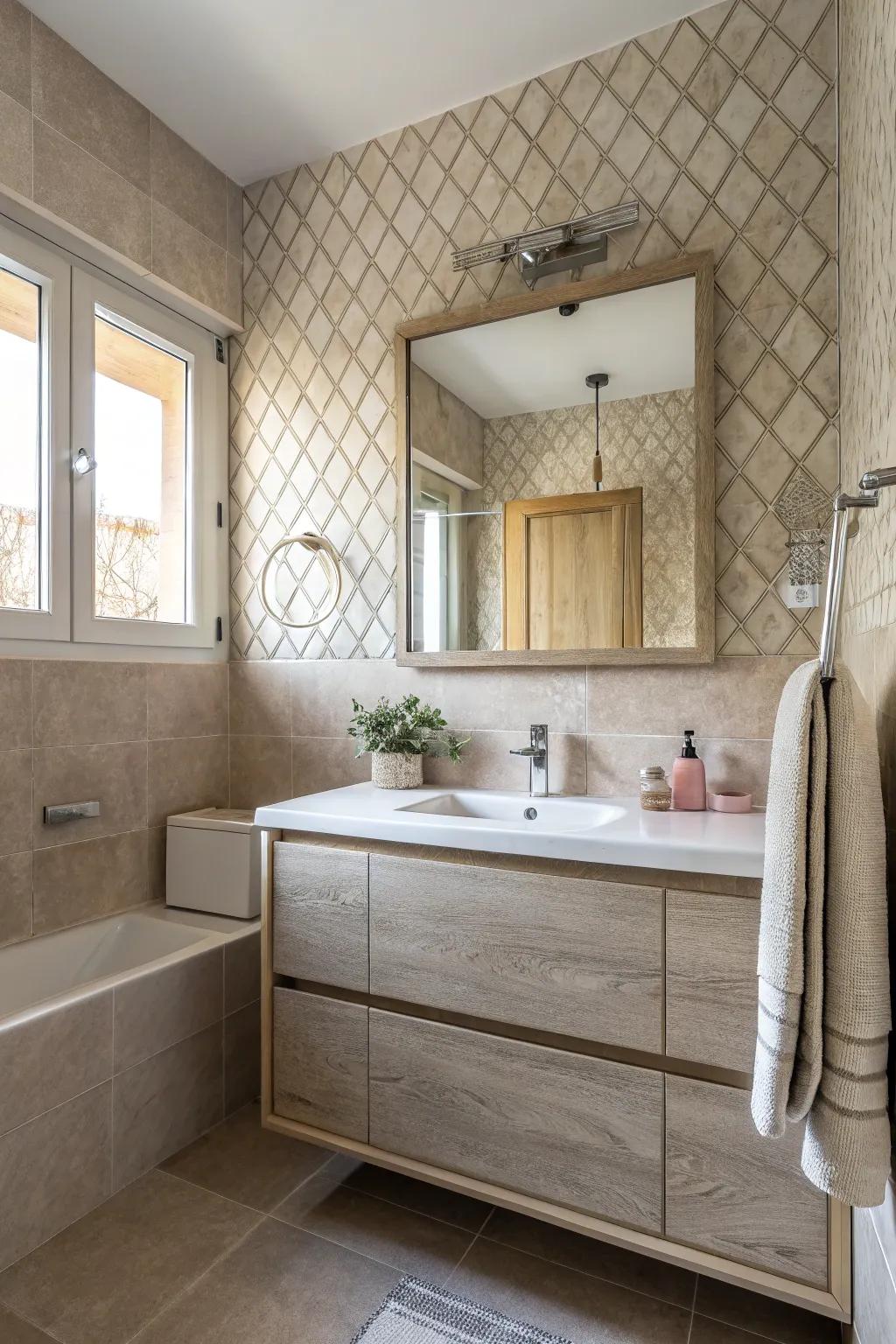 Textures and patterns bring understated elegance to the bathroom.