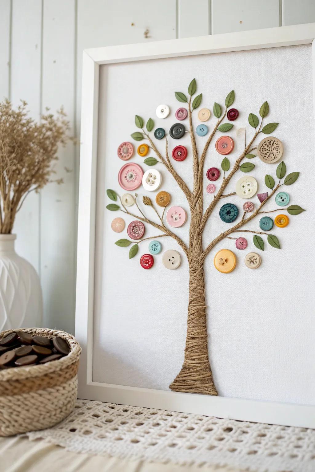 Discover the whimsical charm of button tree art, where each button tells a story of color and craftsmanship.