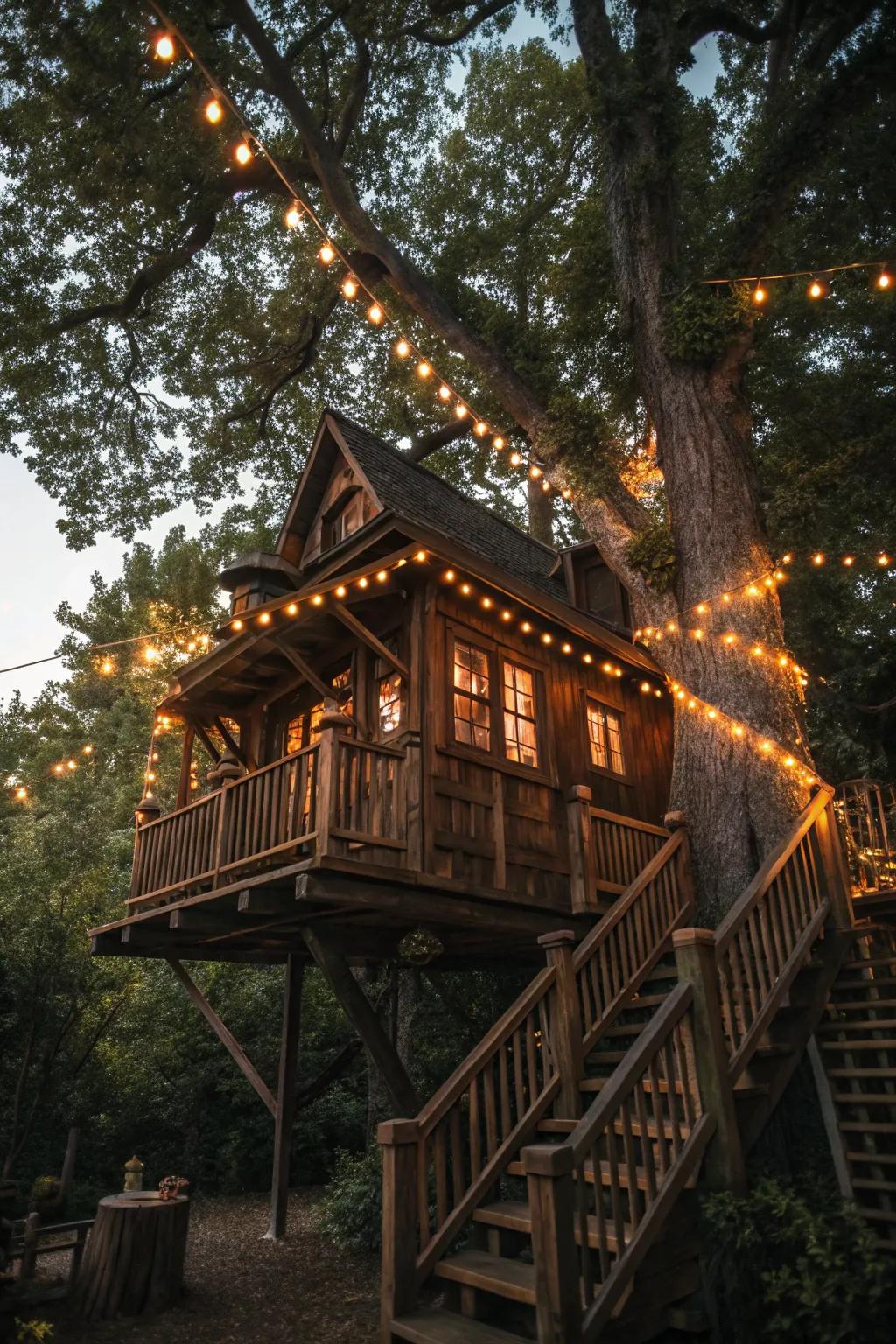 Transform your treehouse into a magical nighttime retreat with the warm glow of string lights.