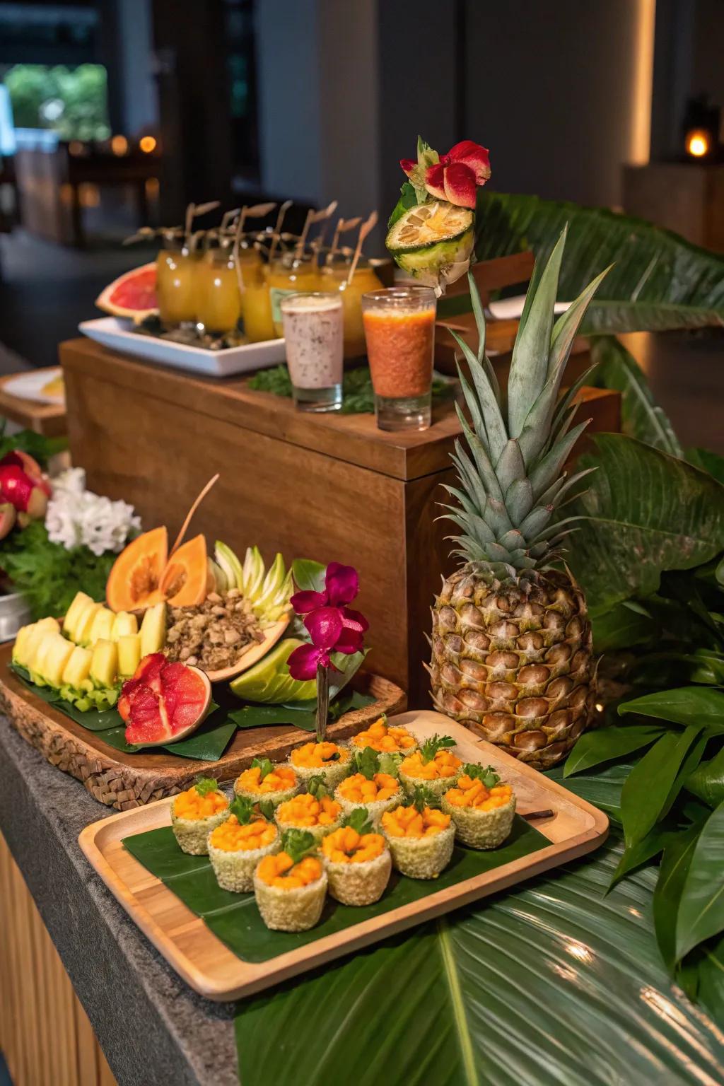 Creative food presentation ideas that enhance the tropical theme.