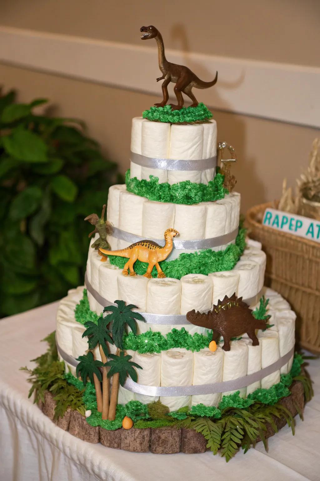 Unleash a prehistoric adventure with this dinosaur park diaper cake, where craftsmanship meets creativity.