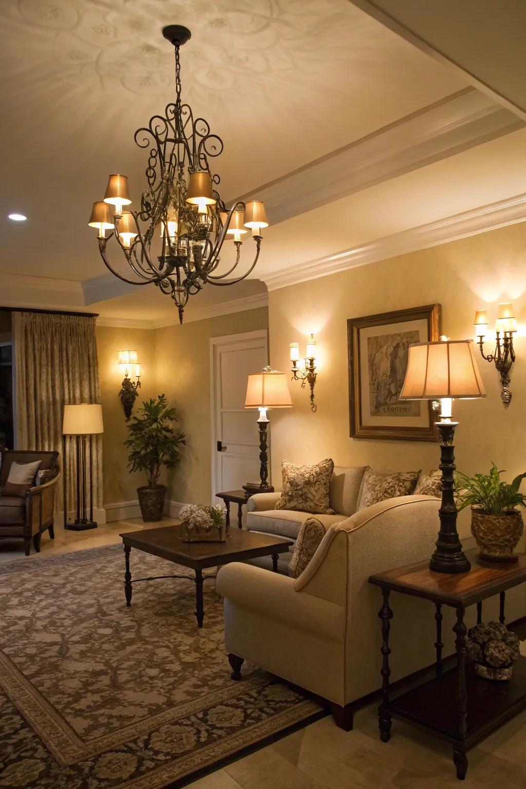 Use layered lighting to create different moods in your living room.