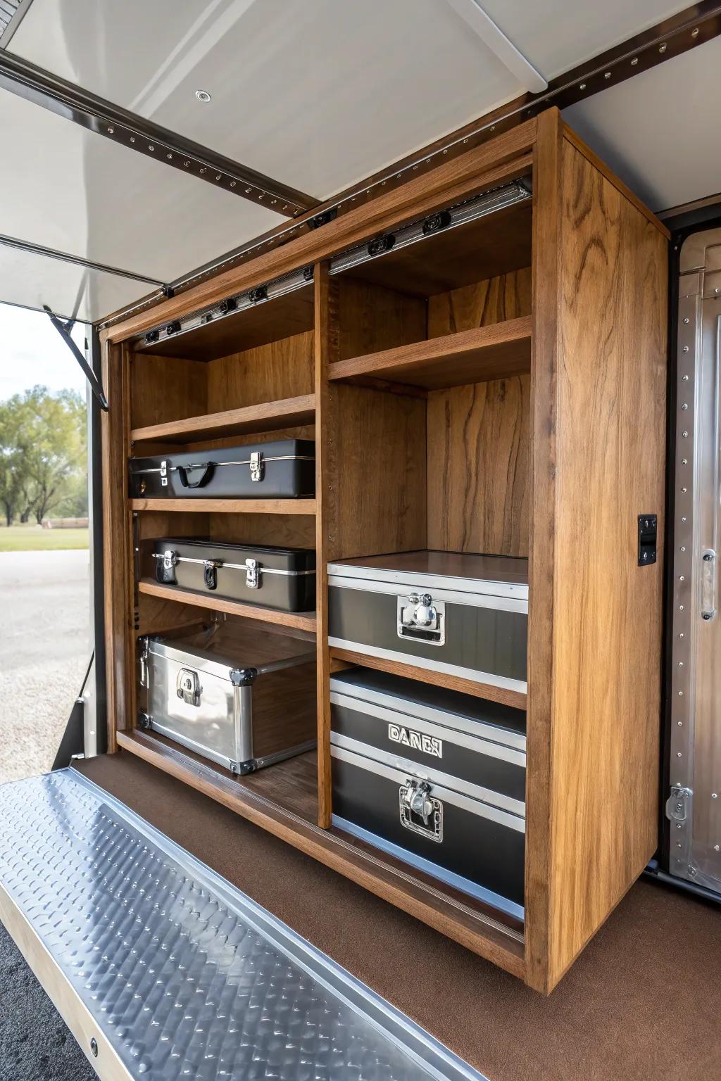 Masterfully organized: Toolboxes seamlessly integrated into trailer shelving, blending functionality and craftsmanship.