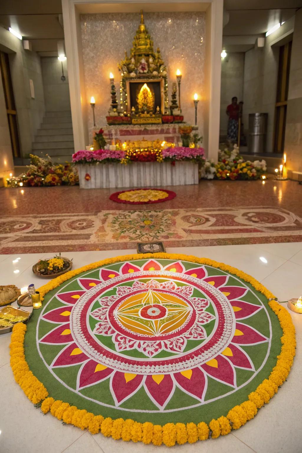 An intricate rangoli design enhancing the Varalakshmi Vratam ambiance.