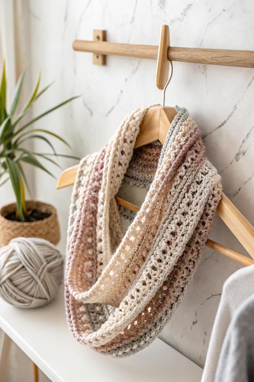 Wrap yourself in the delicate artistry of a variegated yarn crochet cowl, where simplicity meets elegance.