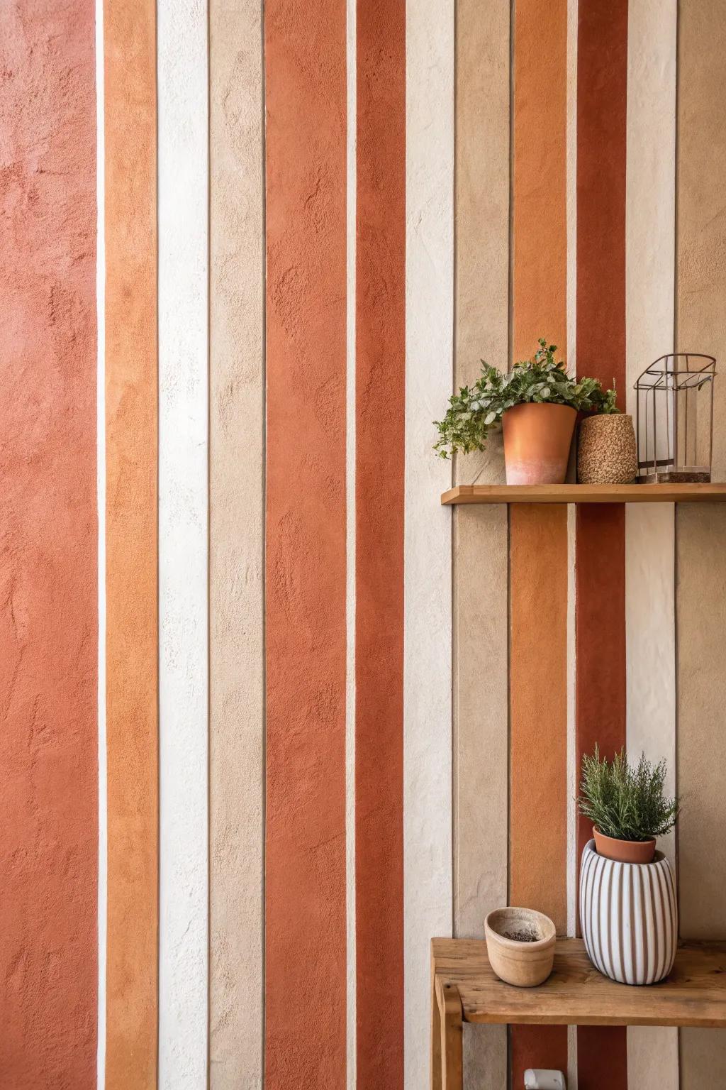 Transform your space with the warmth of terracotta and sandstone stripes—like a cozy hug for your walls.