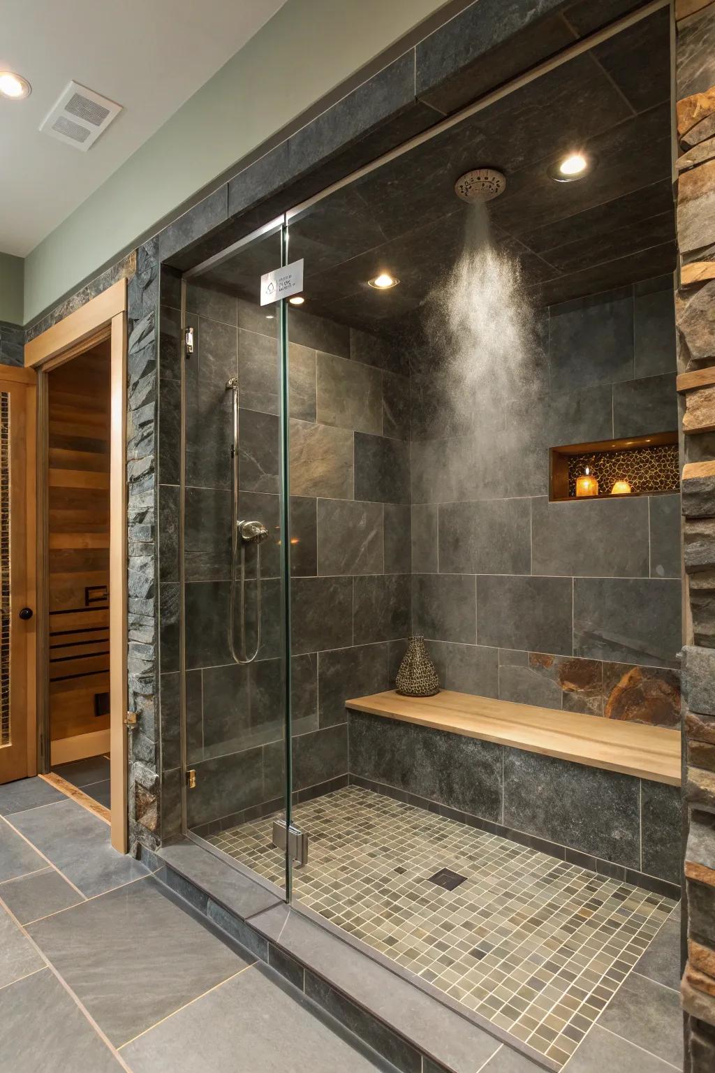 Natural stone provides a luxurious and grounding atmosphere in your steam shower.