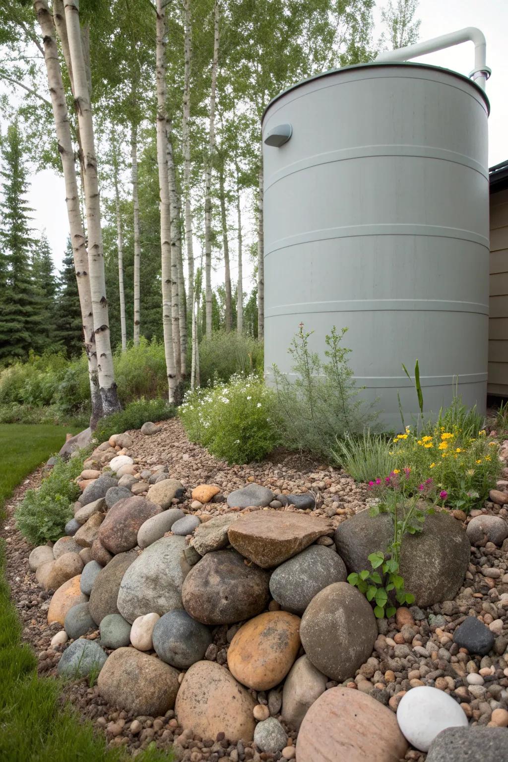 Seamlessly blend utility with nature: a rock garden embrace for your water tank.
