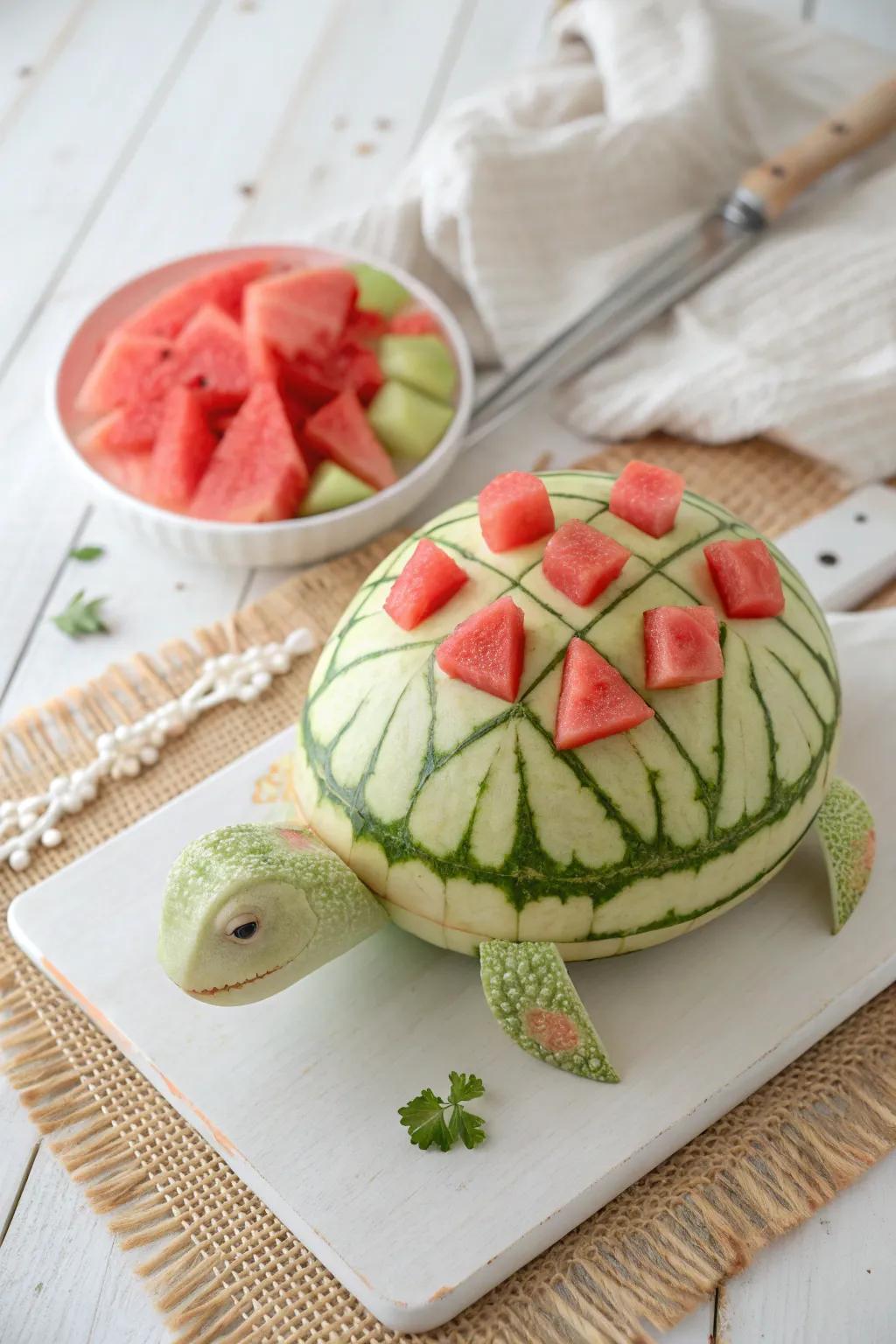 Whimsical Watermelon Turtle: A delightful centerpiece to enchant kids at any gathering!