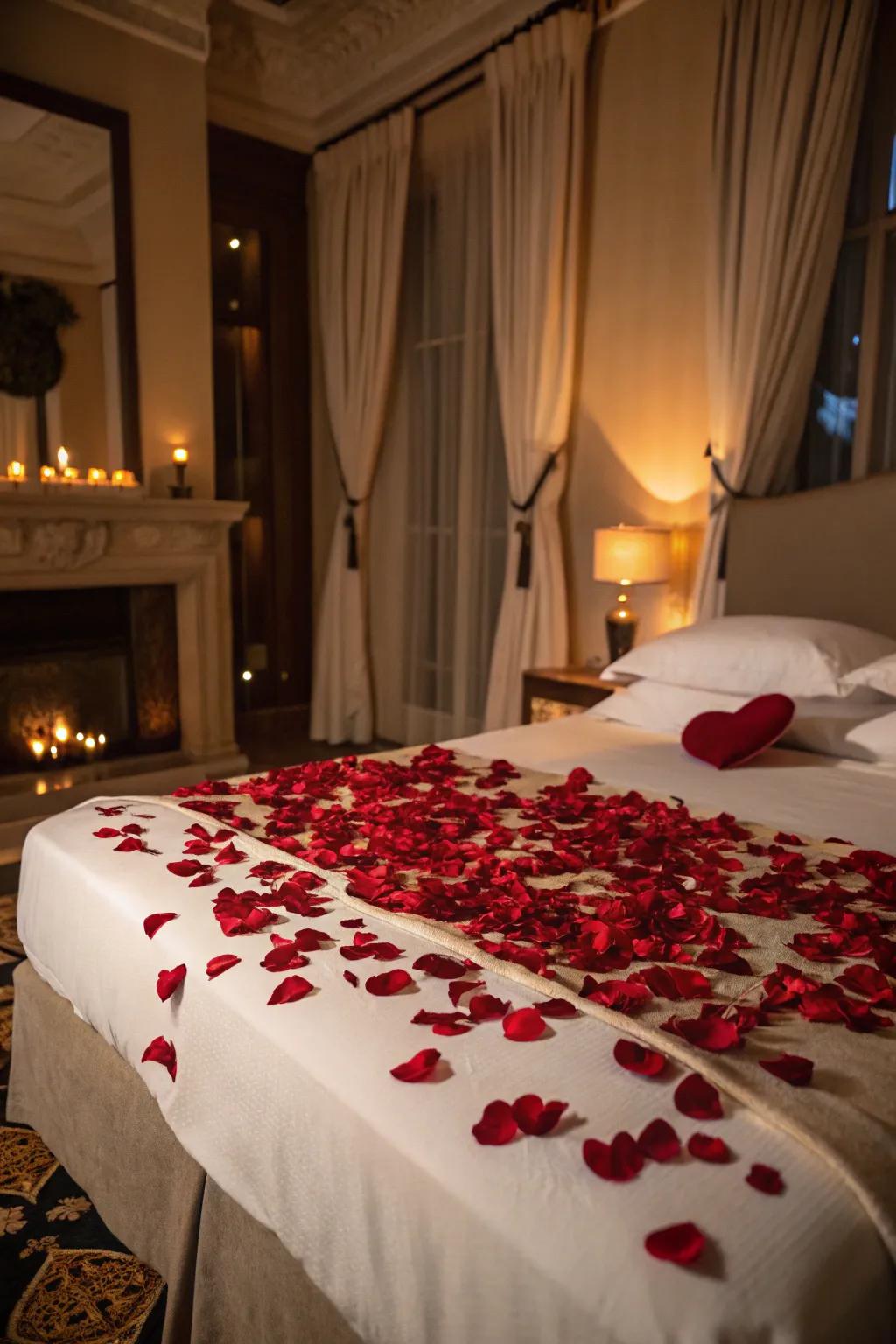Rose petals create a timeless romantic gesture.