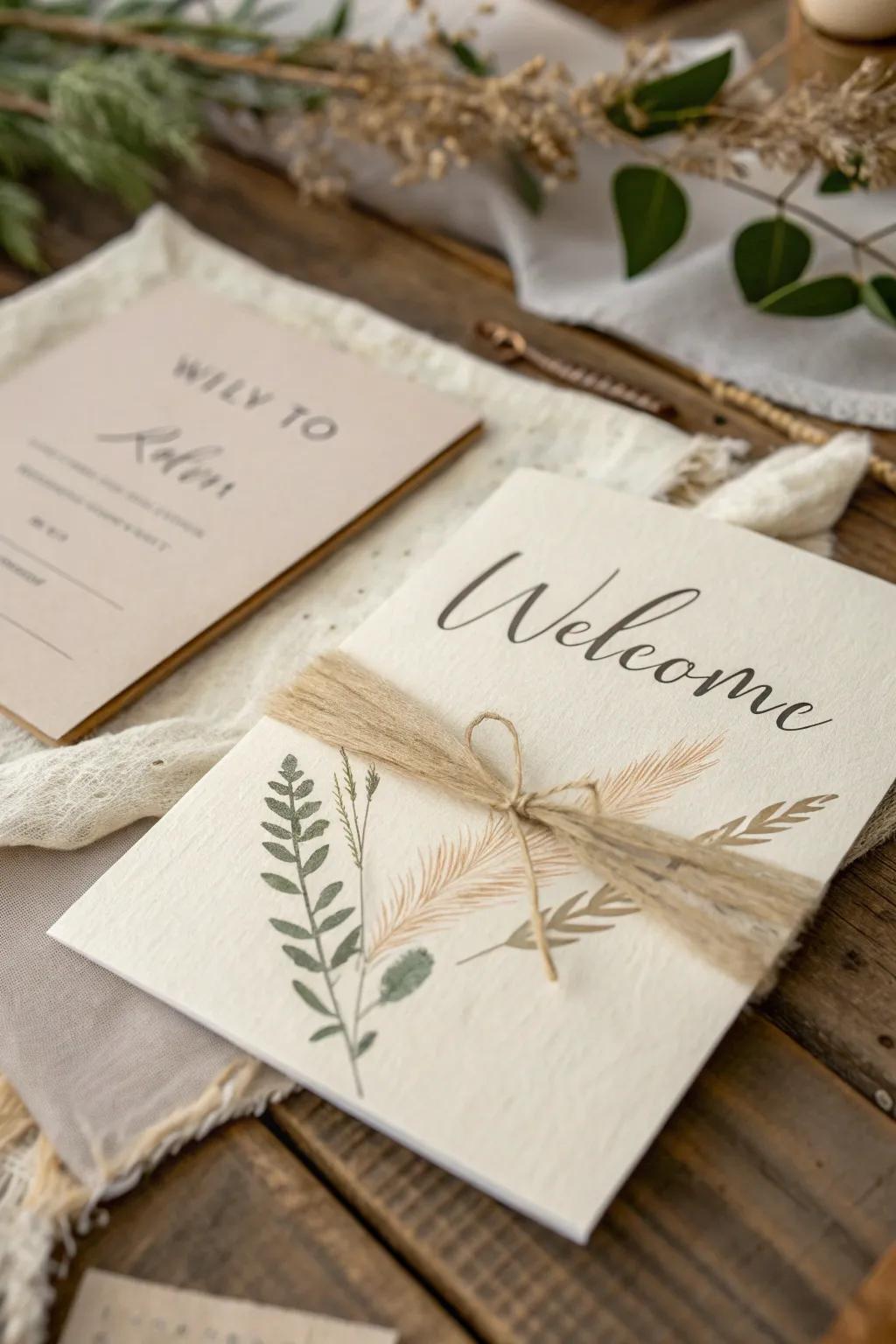 Discover the art of layered textures—elevate your welcome cards with natural beauty and elegant simplicity.