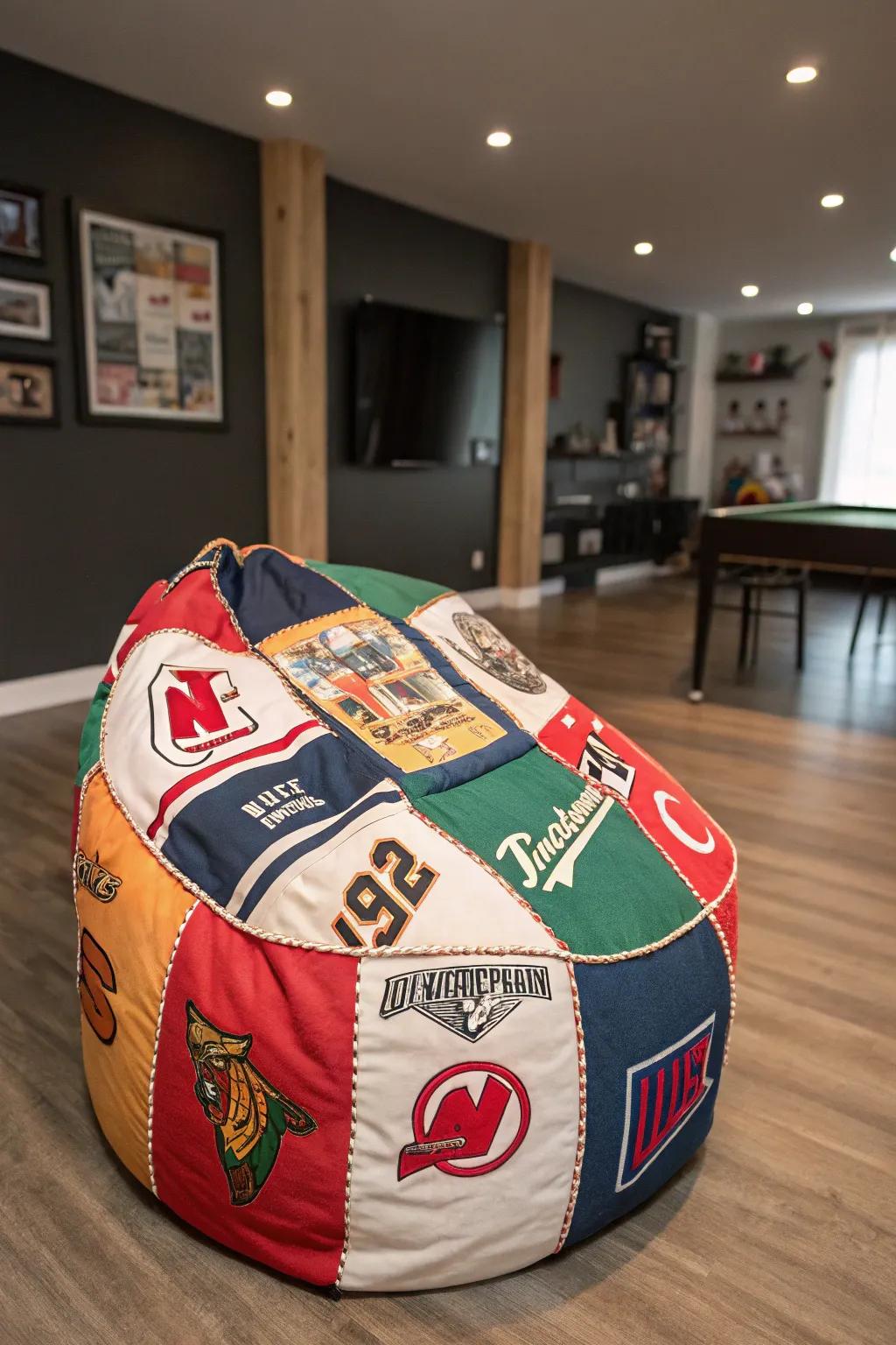 Elevate your game room with a one-of-a-kind bean bag chair made from your treasured jerseys.