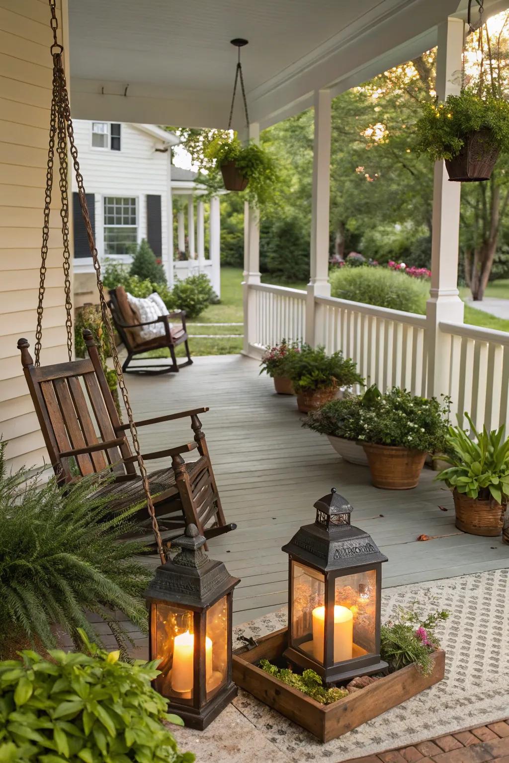 Enhance your porch's charm with lanterns that welcome guests warmly.