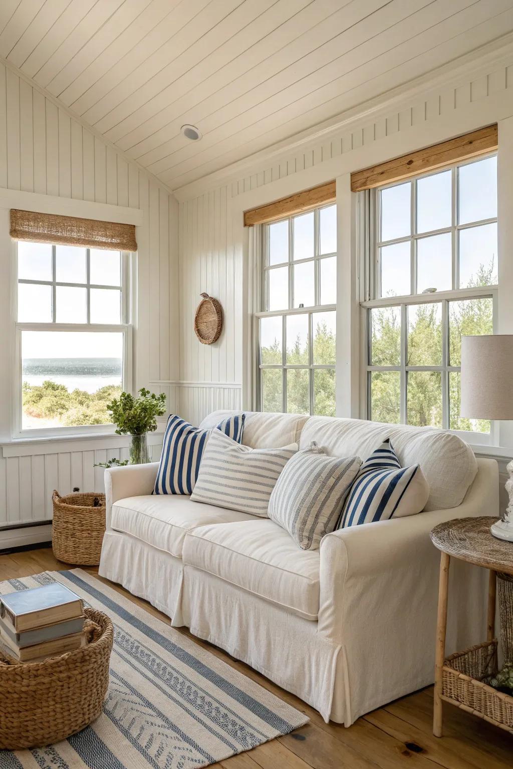 A coastal dream with beachy beige and white tones.