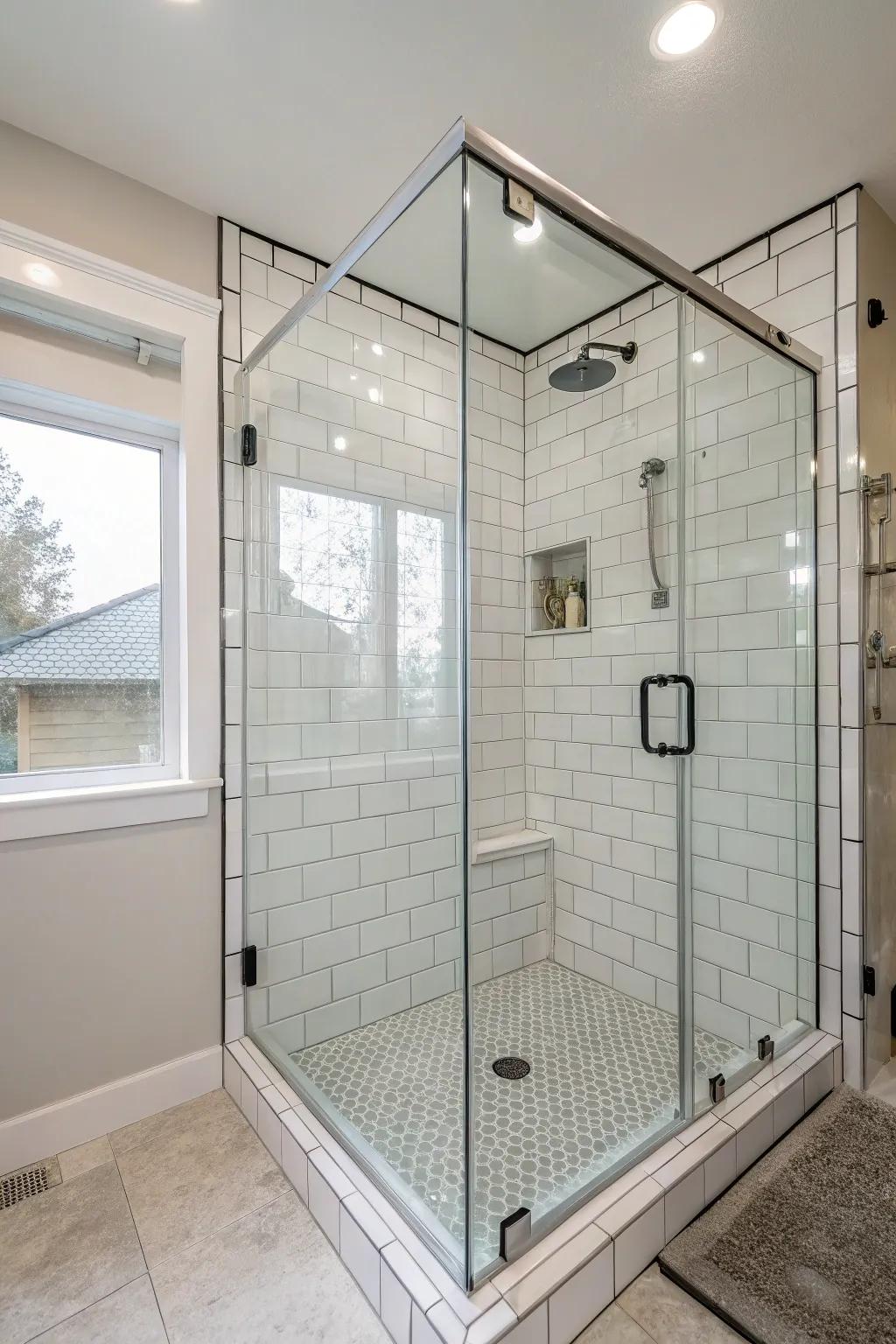 Frameless glass enclosures highlight the elegance of white shower tiles.