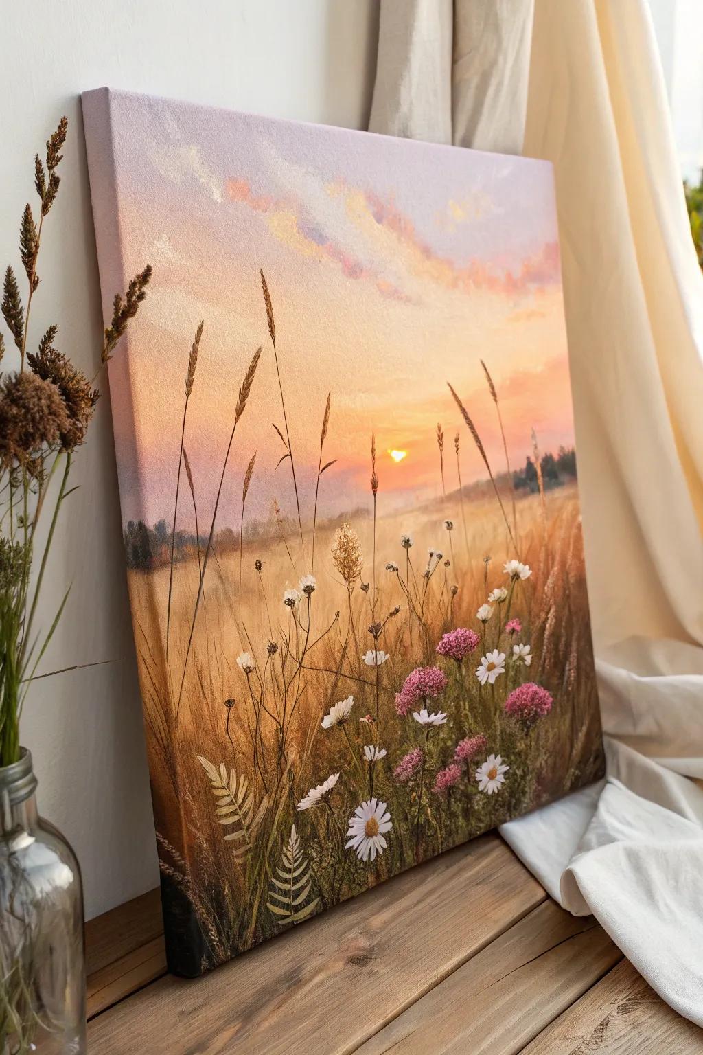Bring the warmth of golden hour into your home with this stunning wildflower sunset painting.