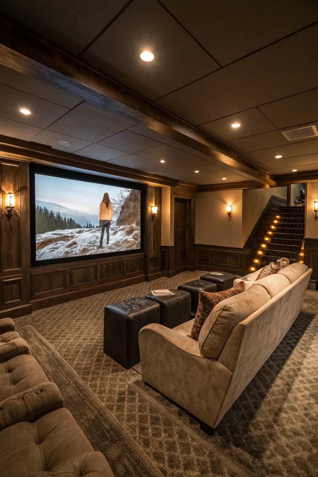 A home theater makes for an immersive entertainment space in a basement.