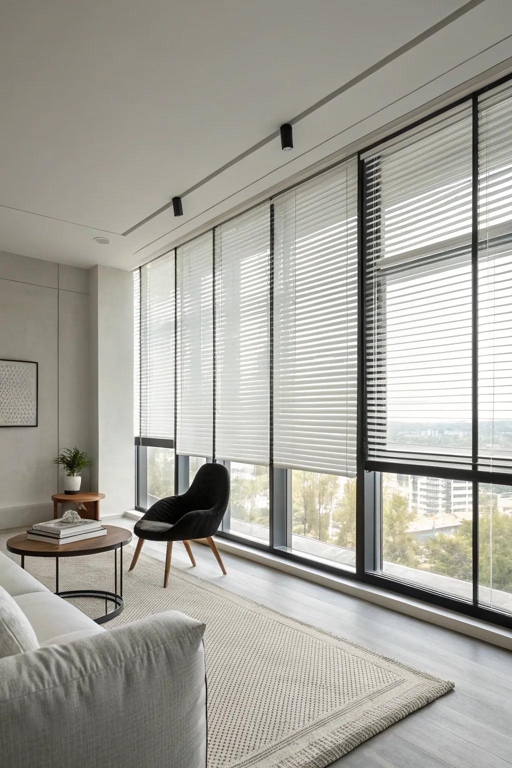 Minimalist blinds offer light control with a sleek and modern design.