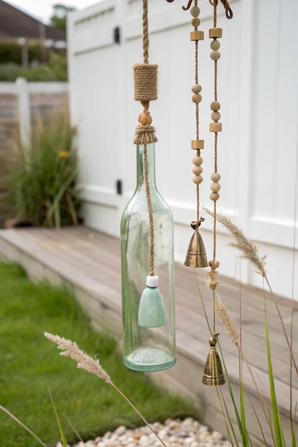 Embrace serenity with handcrafted wine bottle wind chimes—where minimalist design meets melodic garden art.