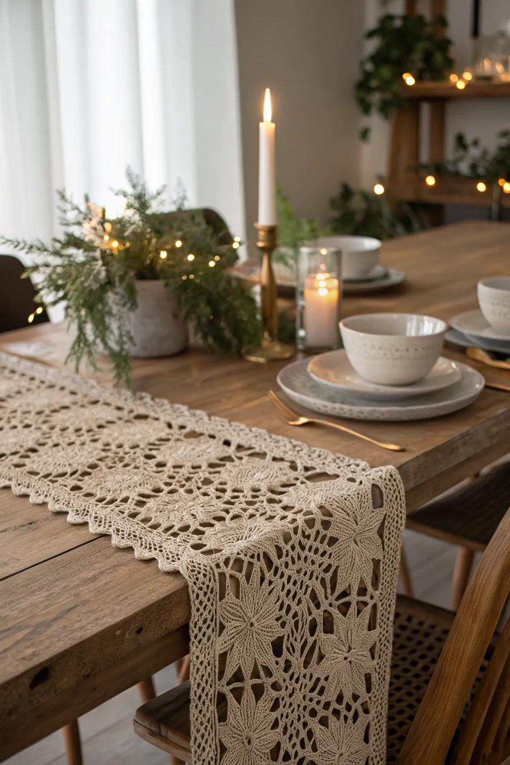 Illuminate your holiday meals with a touch of handmade elegance—this festive crochet table runner is a shimmering centerpiece.