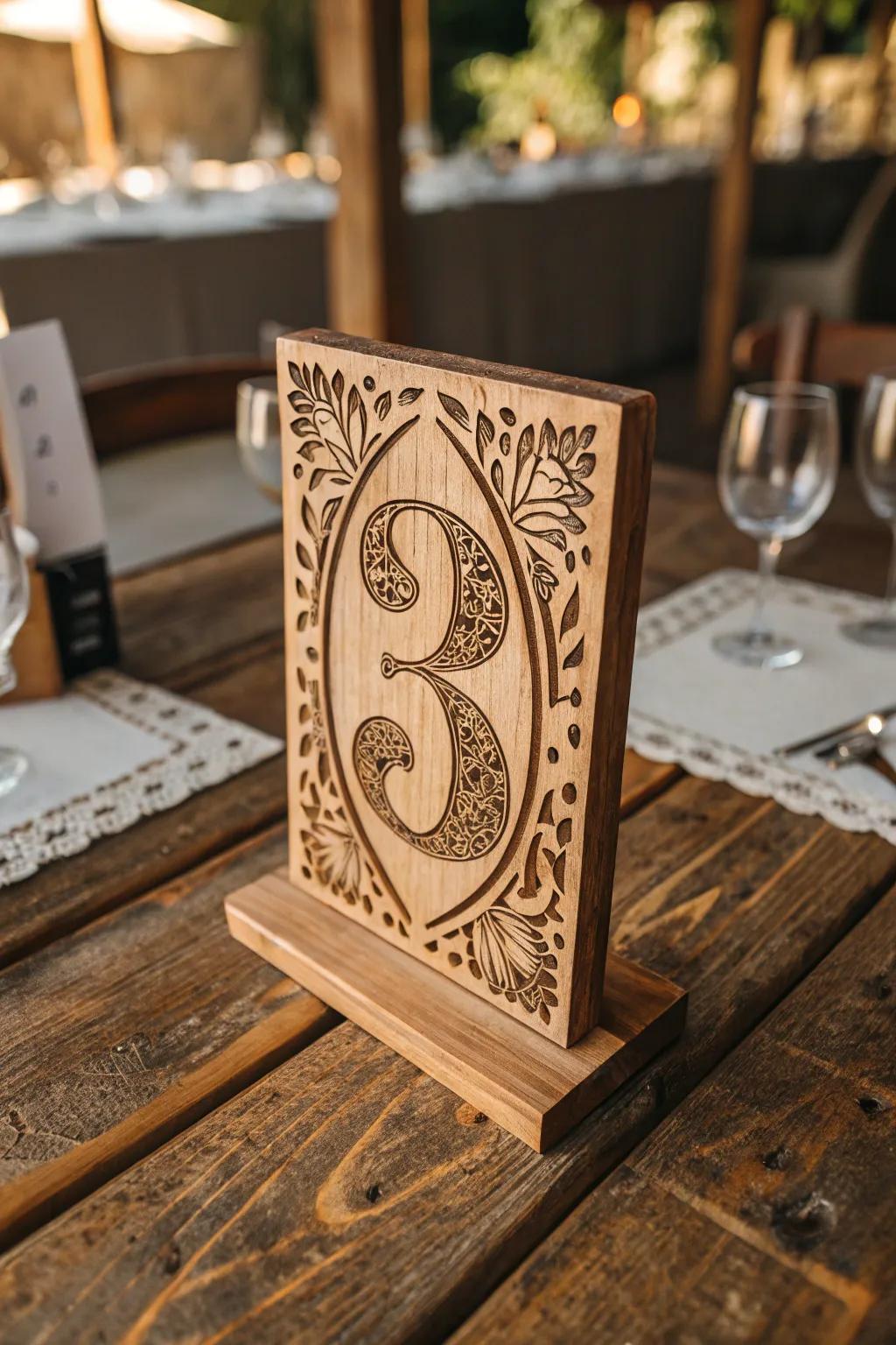 Elevate your event decor with elegantly engraved wooden table numbers.