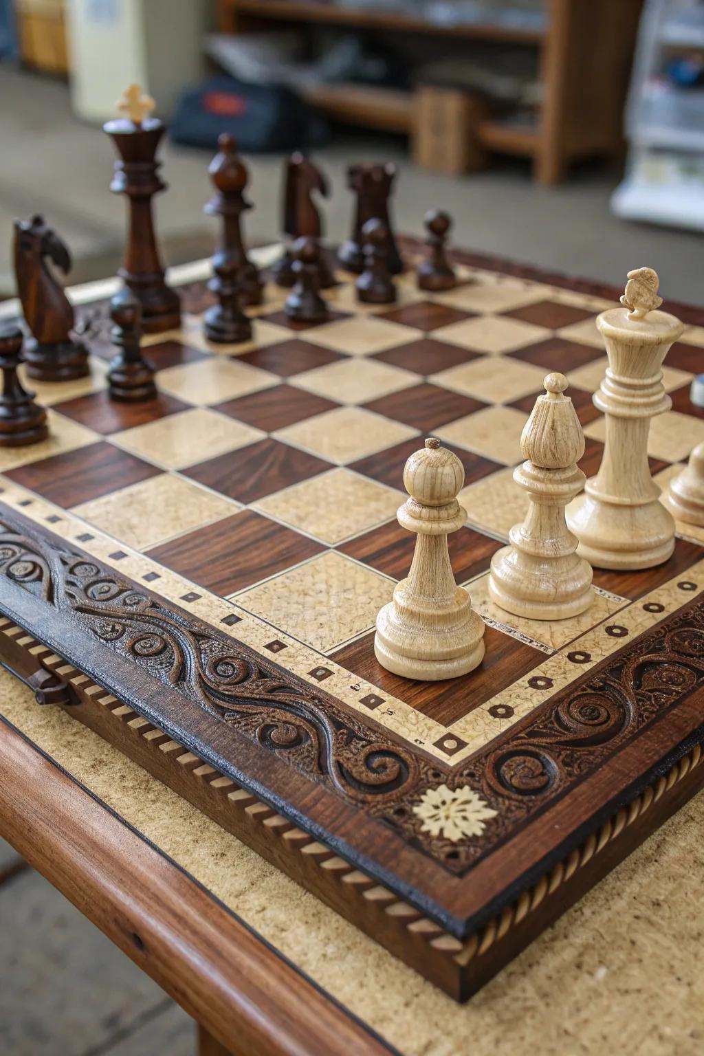 Elevate your game with this handcrafted wooden chess board, where timeless design meets exceptional craftsmanship.