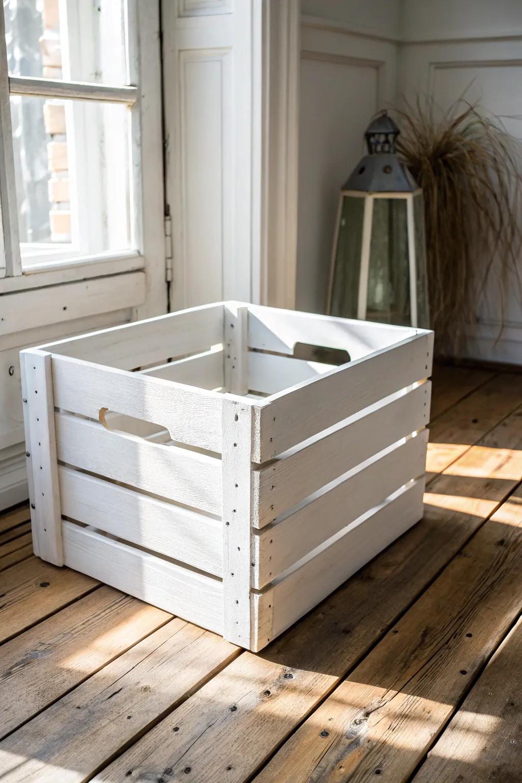 Embrace simplicity with a monochrome masterpiece: a white-painted wooden crate that exudes minimalist elegance.